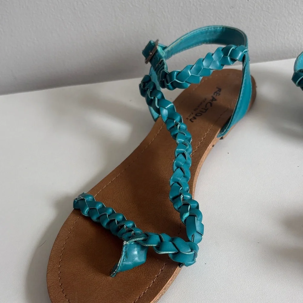 Kenneth Cole Reaction Teal Braided Strappy Sandals Flat | Ankle Strap Buckle